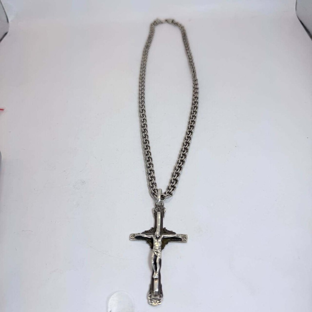 Sterling Silver 925 Crucifix Pendant Heavy Woven Chain Necklace 51g 24in